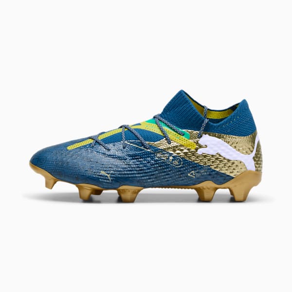 Chaussures de soccer à crampons pour terrain dur/terrain artificiel PUMA x NEYMAR JR FUTURE 7 ULTIMATE "BNA" Homme, Sailing Blue-Marine Blue-Pelé Yellow-Grassy Green-Gold, extralarge